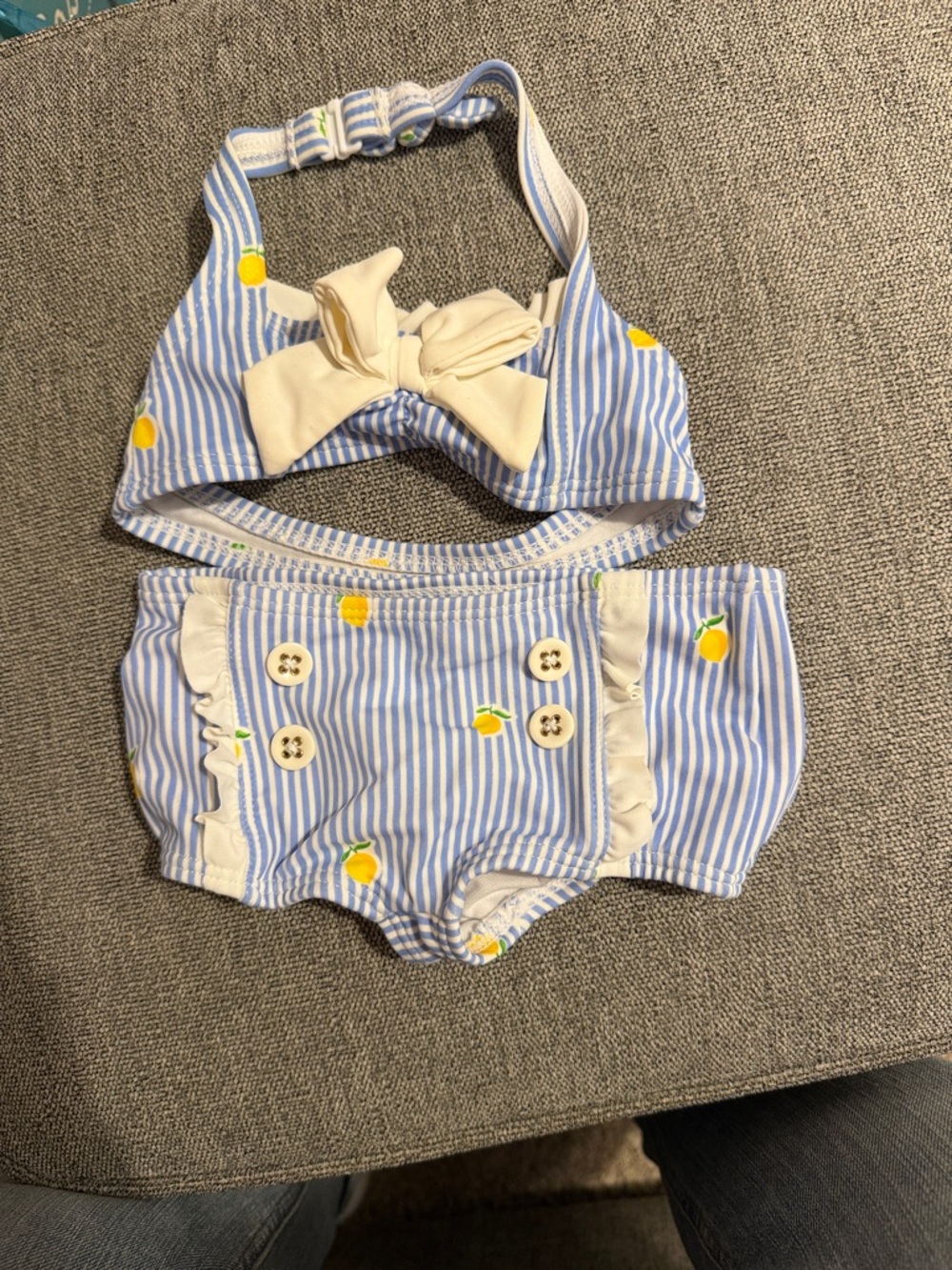 Blue Stripe Lemon Two-Piece Kids Swim Set with Bow